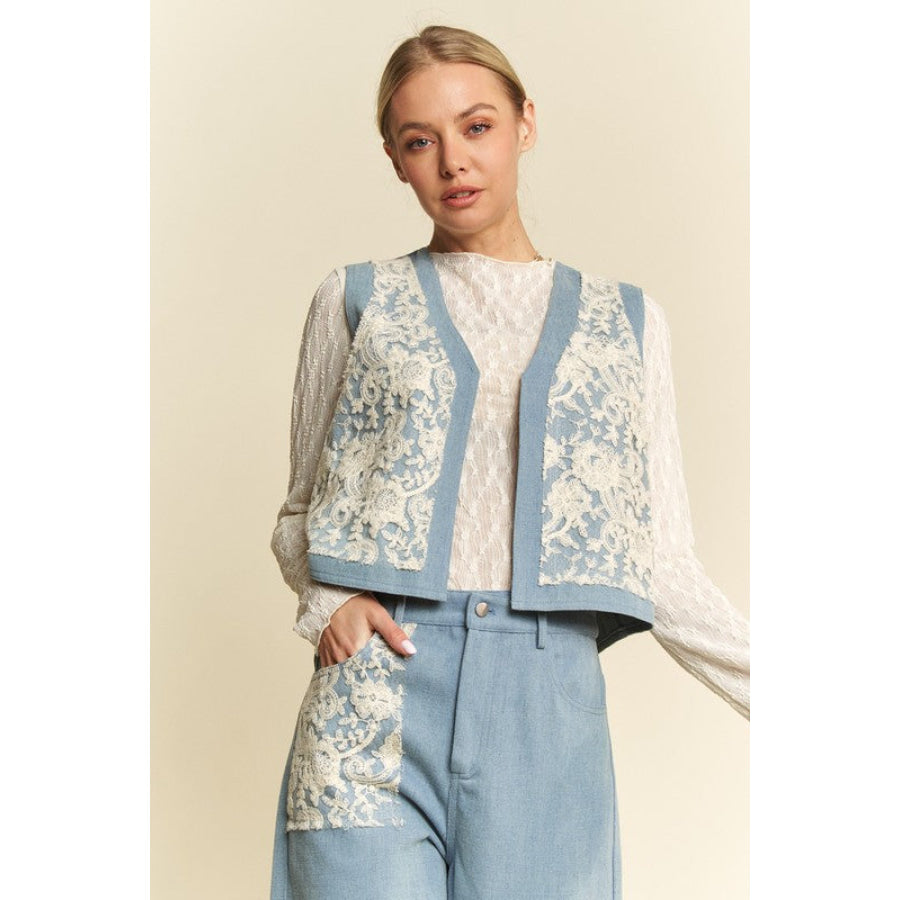Davi & Dani Lace Patch Open Front Denim Vest Apparel and Accessories