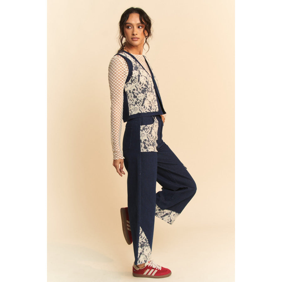 Davi & Dani Lace Patch Open Front Denim Vest Apparel and Accessories
