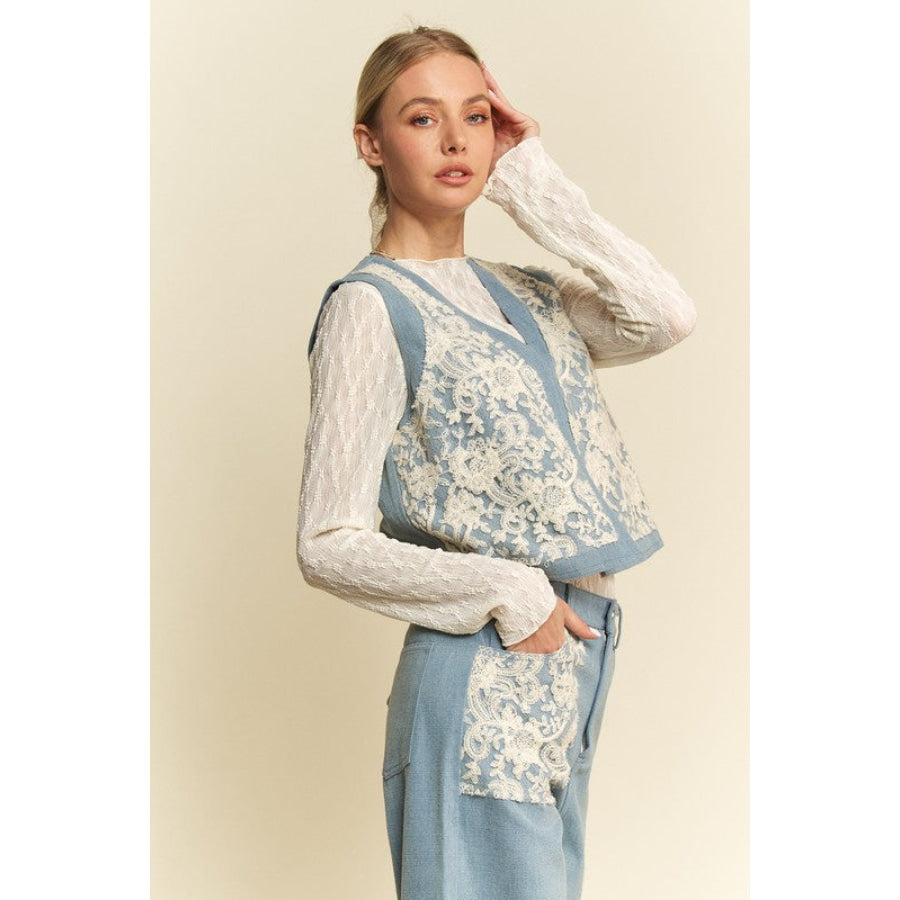 Davi & Dani Lace Patch Open Front Denim Vest Apparel and Accessories
