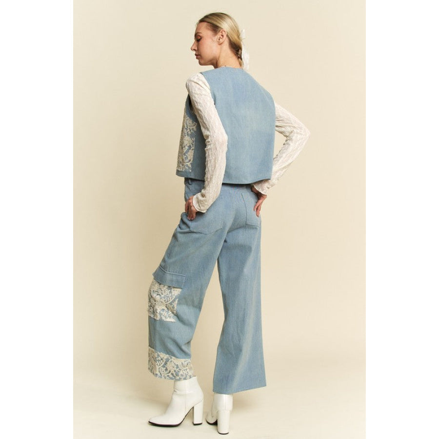 Davi & Dani Lace Patch Open Front Denim Vest Apparel and Accessories