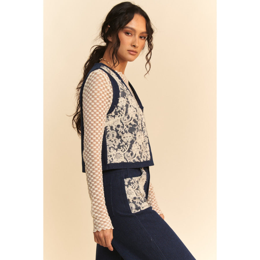 Davi & Dani Lace Patch Open Front Denim Vest Apparel and Accessories