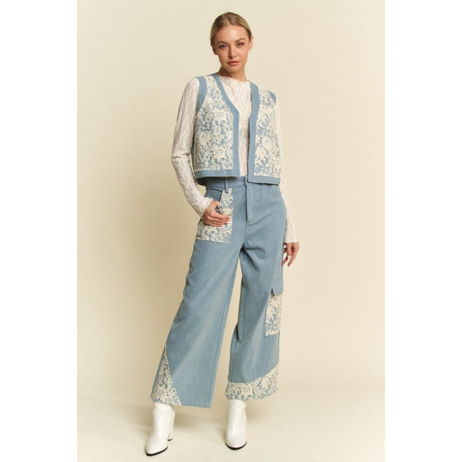 Davi & Dani Lace Patch Open Front Denim Vest Apparel and Accessories
