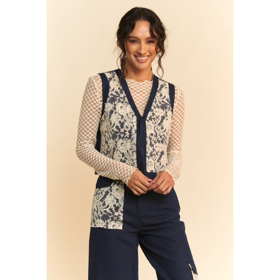Davi & Dani Lace Patch Open Front Denim Vest Apparel and Accessories