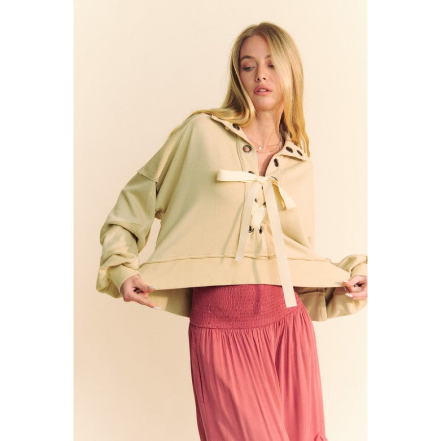 Davi & Dani Lace Up Exposed Seam French Terry Top Tan / S Apparel and Accessories