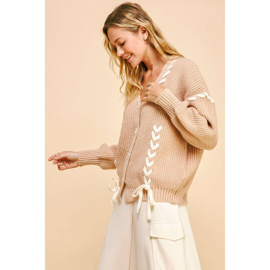 Davi & Dani Lace-Up Ribbon Bow Button Down Cardigan Apparel and Accessories