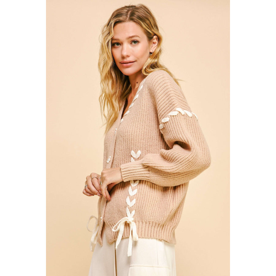 Davi & Dani Lace-Up Ribbon Bow Button Down Cardigan Apparel and Accessories