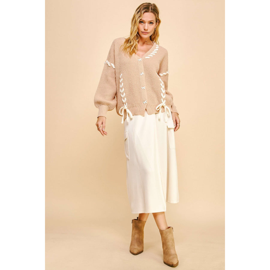 Davi & Dani Lace-Up Ribbon Bow Button Down Cardigan Apparel and Accessories