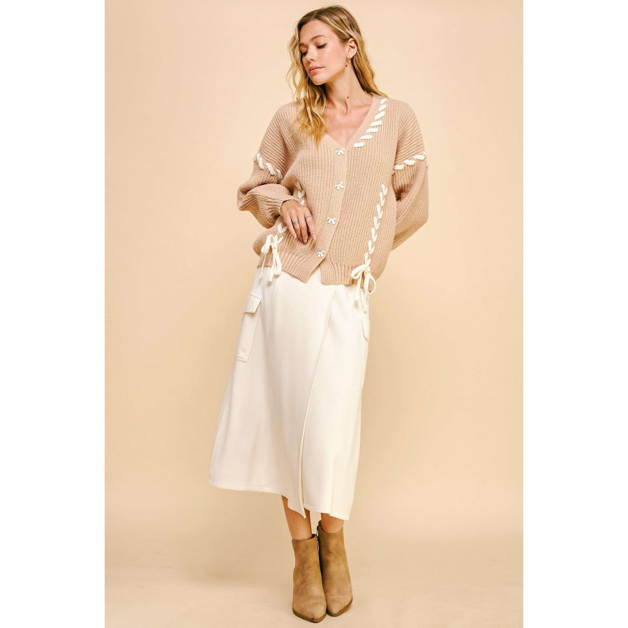 Davi & Dani Lace-Up Ribbon Bow Button Down Cardigan Apparel and Accessories