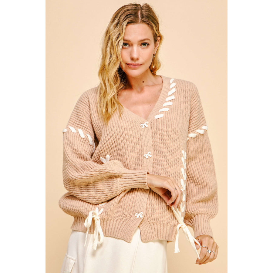Davi & Dani Lace-Up Ribbon Bow Button Down Cardigan Apparel and Accessories
