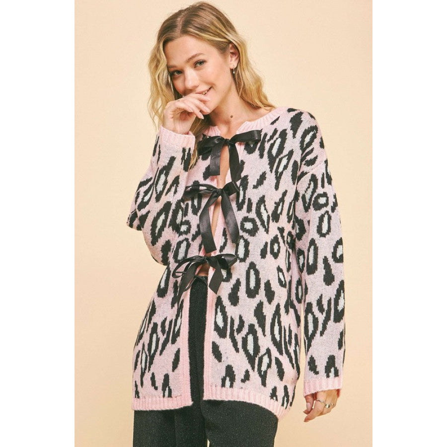 Davi & Dani Leopard Ribbon Tie Front Loose Fit Cardigan Apparel and Accessories