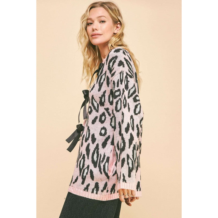 Davi & Dani Leopard Ribbon Tie Front Loose Fit Cardigan Apparel and Accessories