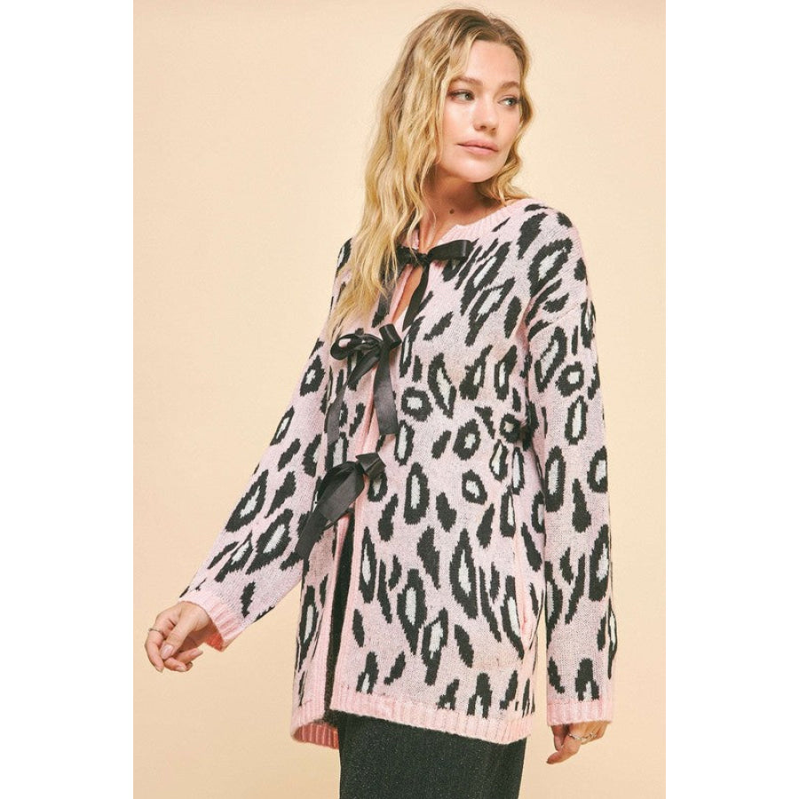 Davi & Dani Leopard Ribbon Tie Front Loose Fit Cardigan Apparel and Accessories