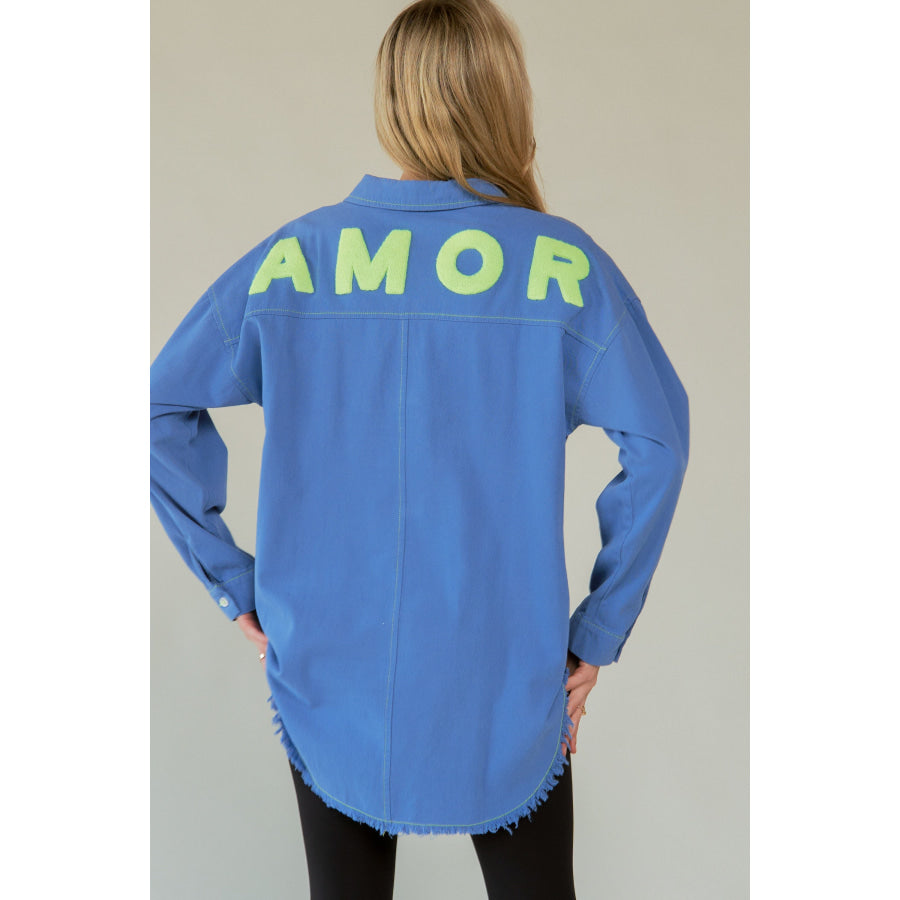 Davi & Dani Letter Back Raw Hem Half Button Shirt Apparel and Accessories