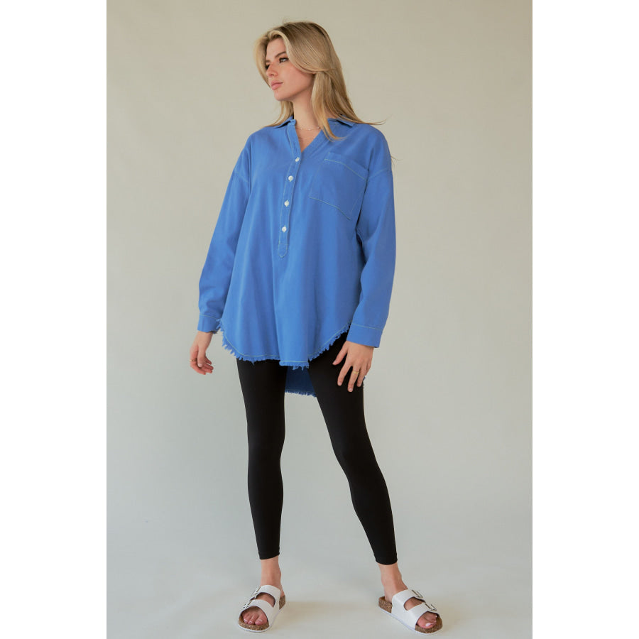 Davi & Dani Letter Back Raw Hem Half Button Shirt Apparel and Accessories