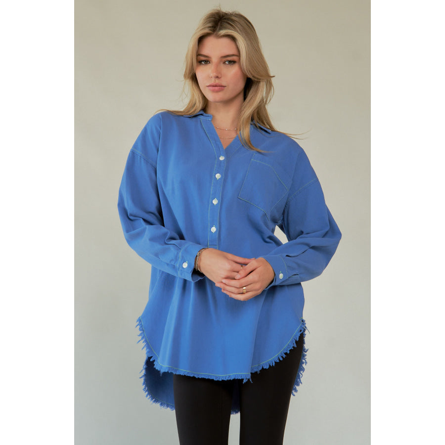 Davi & Dani Letter Back Raw Hem Half Button Shirt Apparel and Accessories