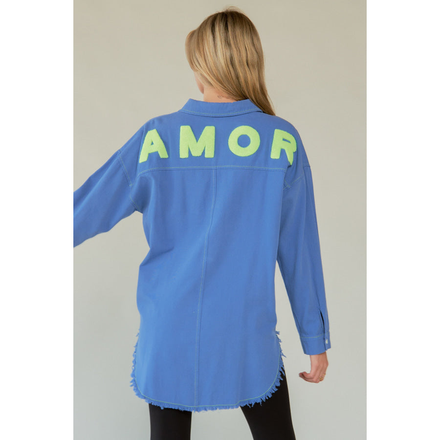 Davi & Dani Letter Back Raw Hem Half Button Shirt Apparel and Accessories