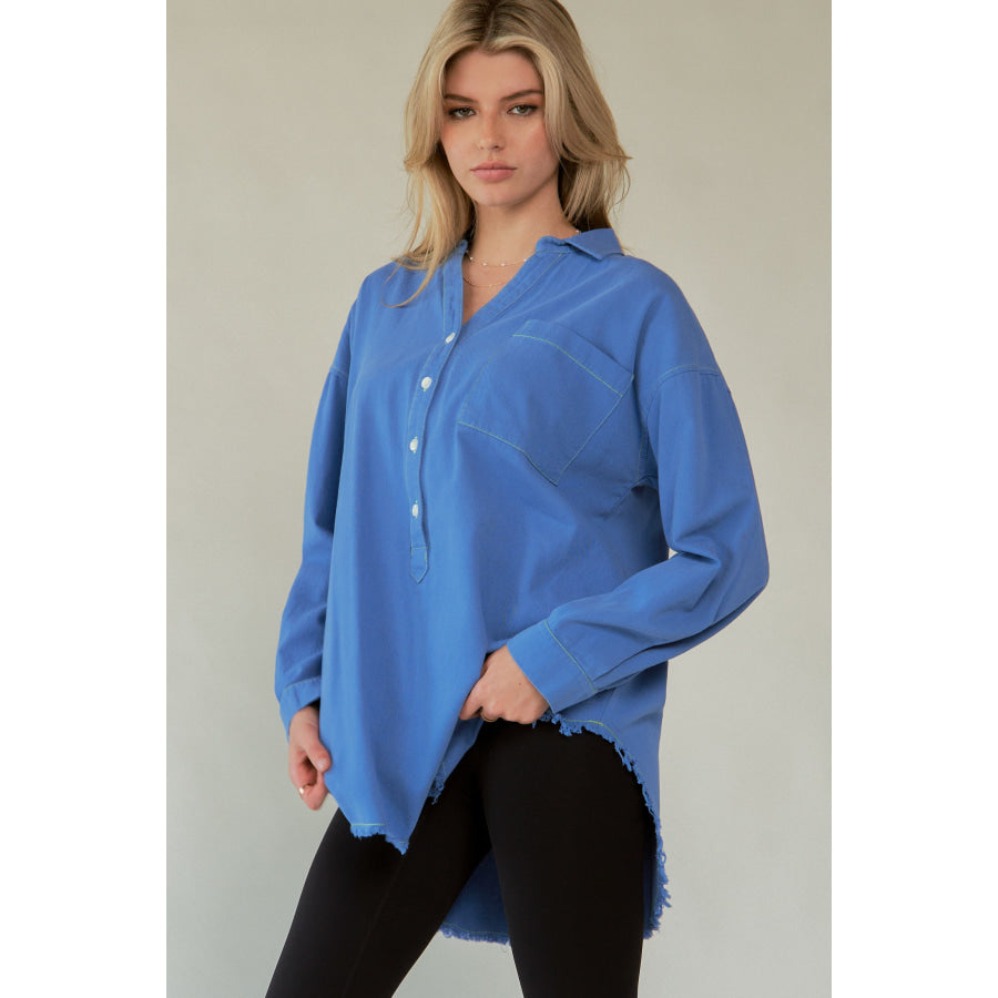 Davi & Dani Letter Back Raw Hem Half Button Shirt Apparel and Accessories