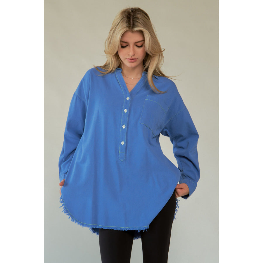 Davi & Dani Letter Back Raw Hem Half Button Shirt Apparel and Accessories