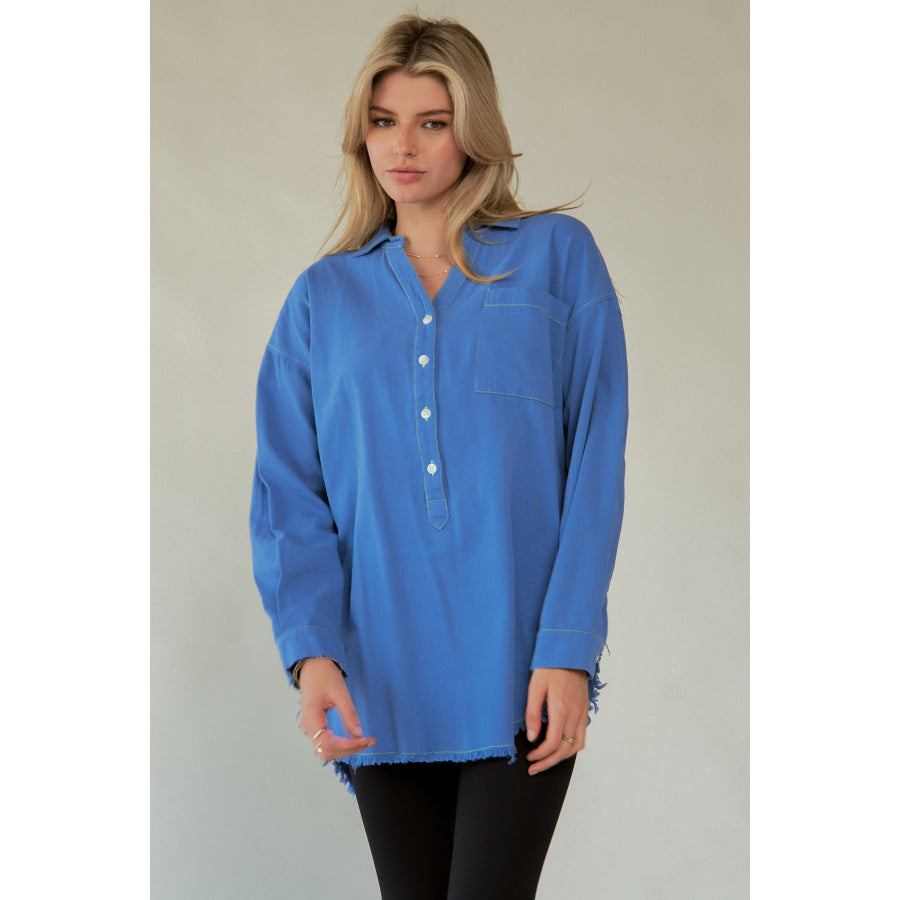 Davi & Dani Letter Back Raw Hem Half Button Shirt Apparel and Accessories