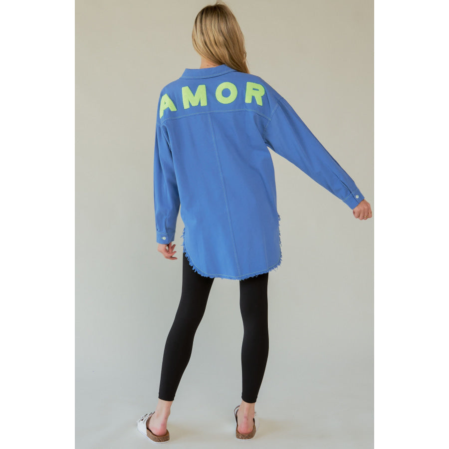 Davi & Dani Letter Back Raw Hem Half Button Shirt Blue / S Apparel and Accessories