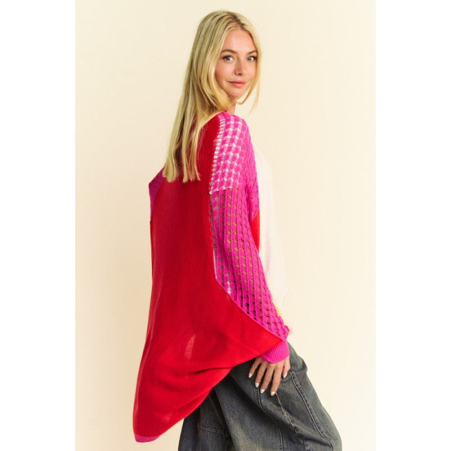 Davi & Dani Openwork Contrast Open Front Cardigan Apparel and Accessories