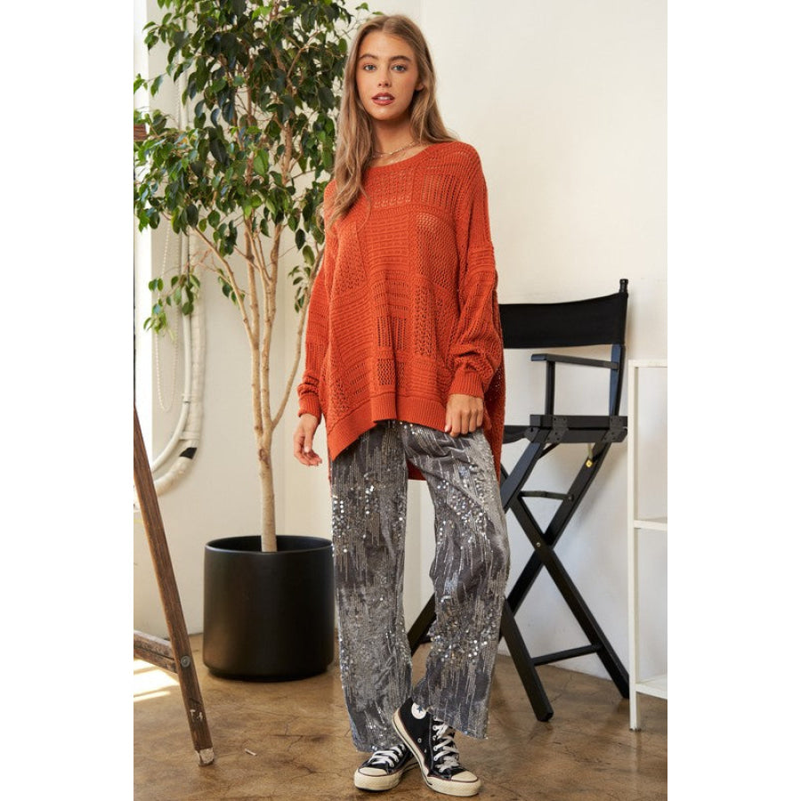 Davi & Dani Openwork Side Slit Drop Shoulder Knit Cover Up Apparel and Accessories