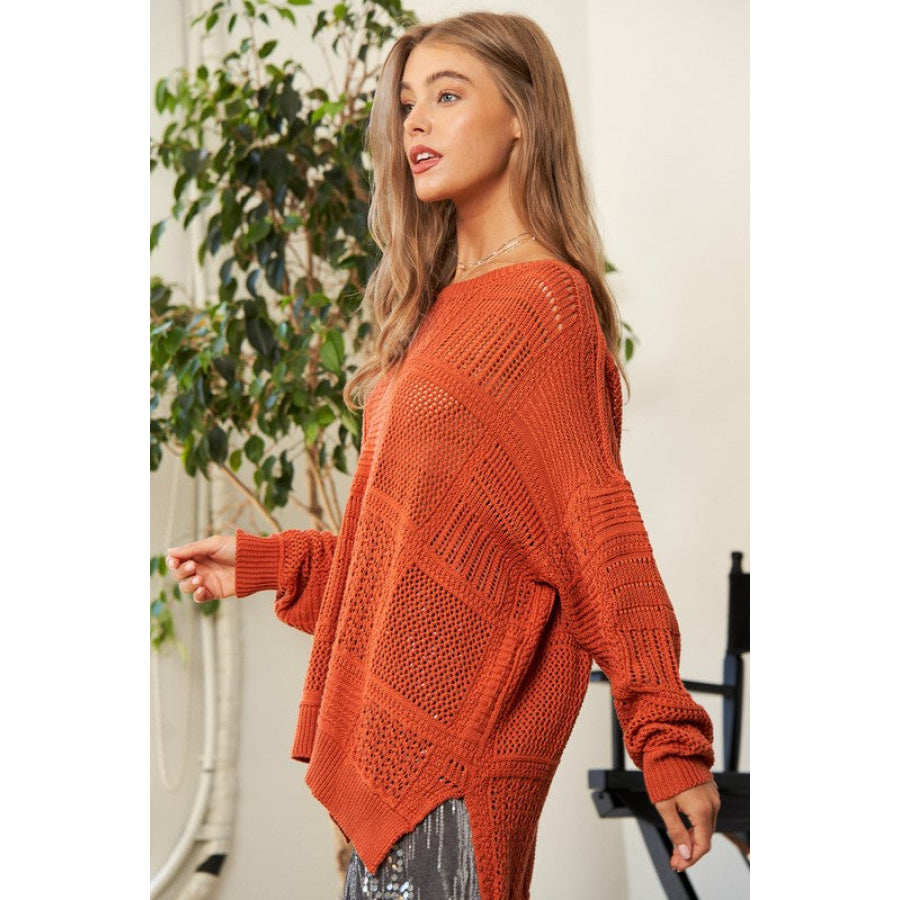 Davi & Dani Openwork Side Slit Drop Shoulder Knit Cover Up Apparel and Accessories