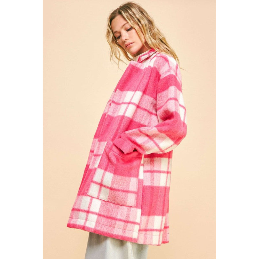 Davi & Dani Plaid Open Front Drop Shoulder Longline Coat Apparel and Accessories