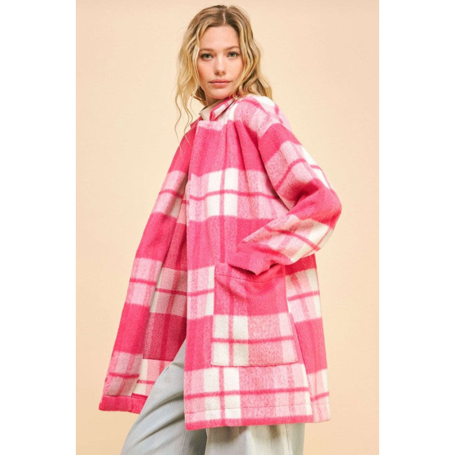 Davi & Dani Plaid Open Front Drop Shoulder Longline Coat Apparel and Accessories