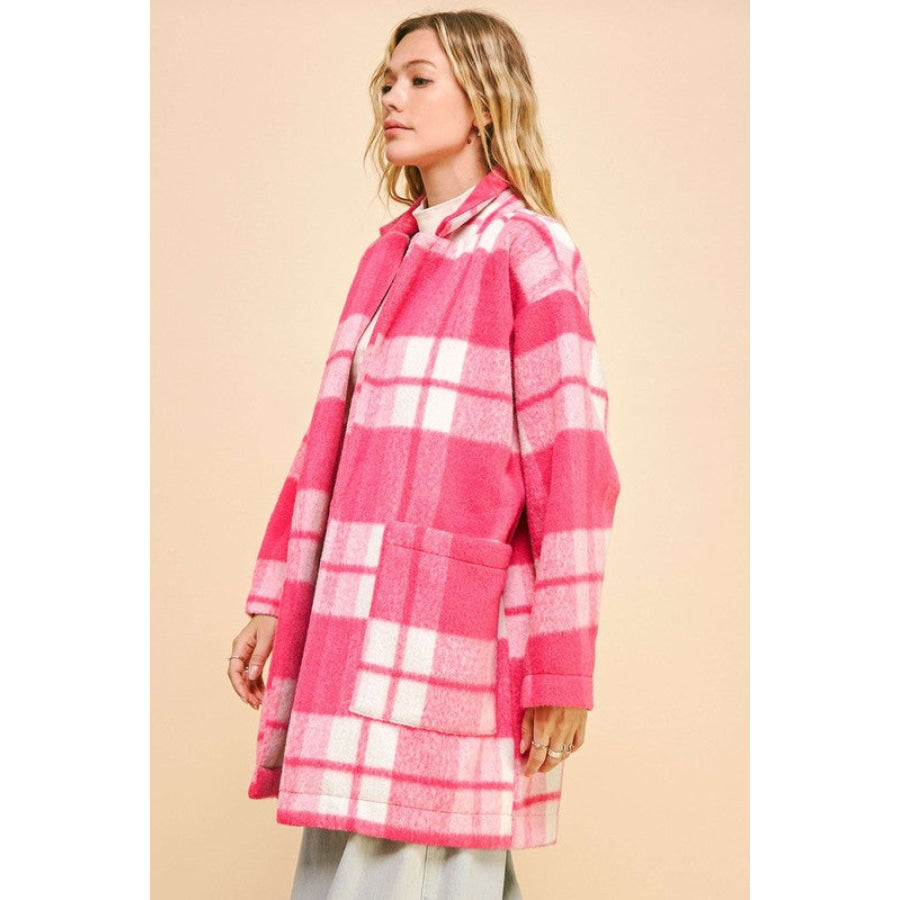 Davi & Dani Plaid Open Front Drop Shoulder Longline Coat Apparel and Accessories