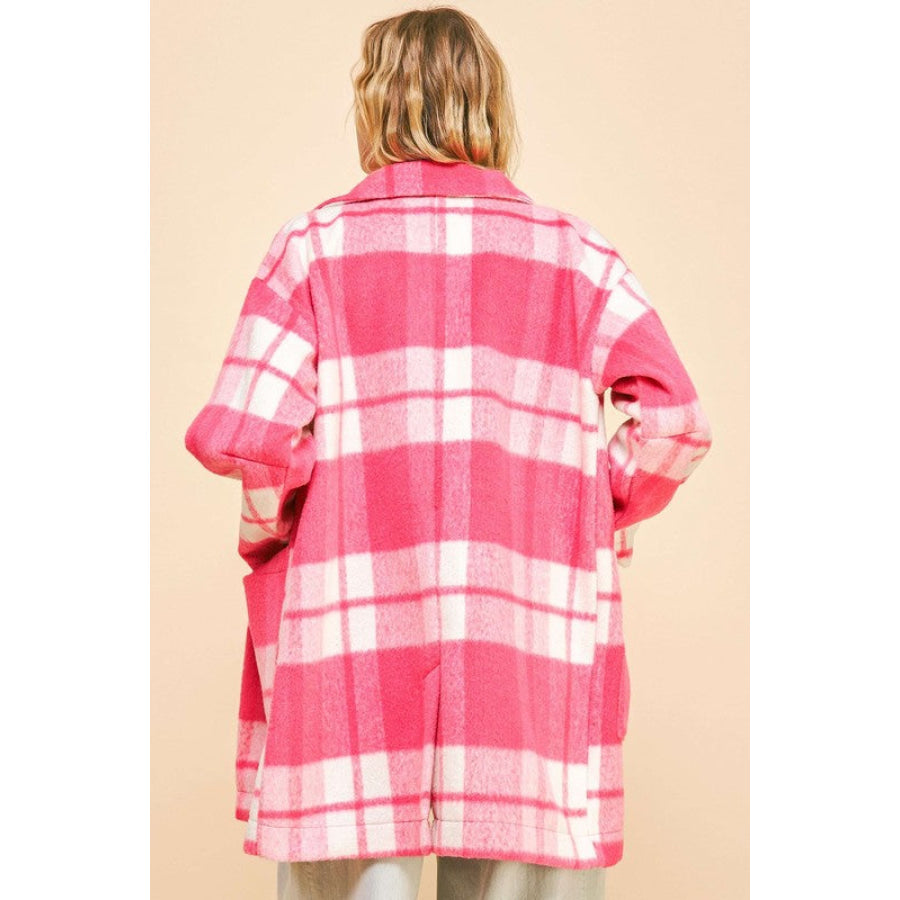 Davi & Dani Plaid Open Front Drop Shoulder Longline Coat Apparel and Accessories