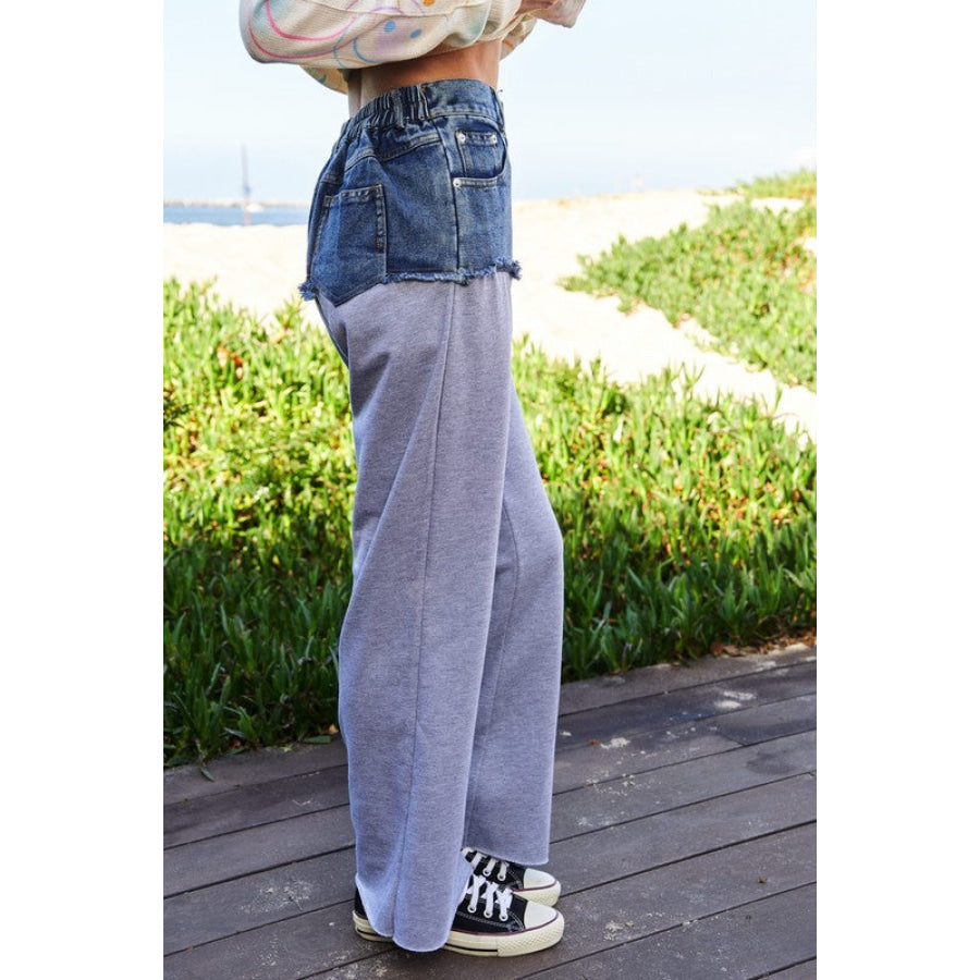Davi & Dani Raw Hem Denim Patchwork Wide Leg Pants Apparel and Accessories