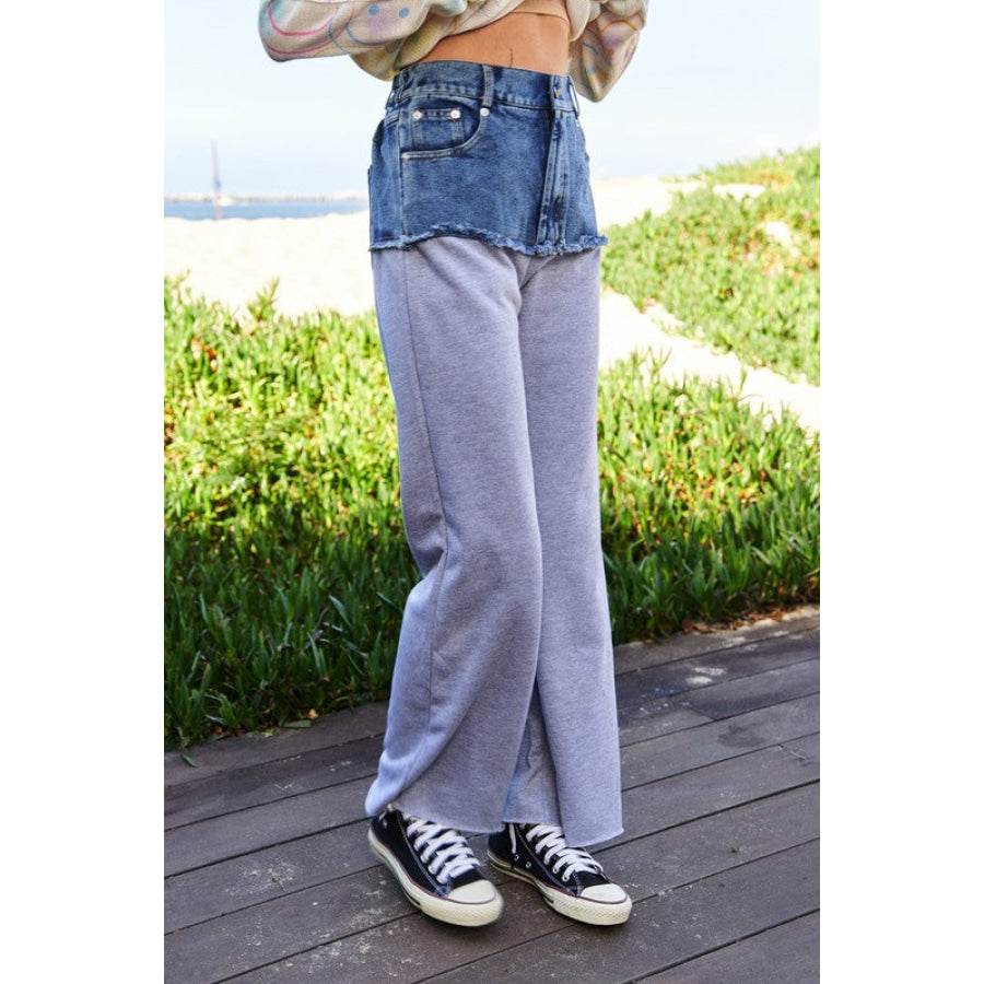 Davi & Dani Raw Hem Denim Patchwork Wide Leg Pants Apparel and Accessories