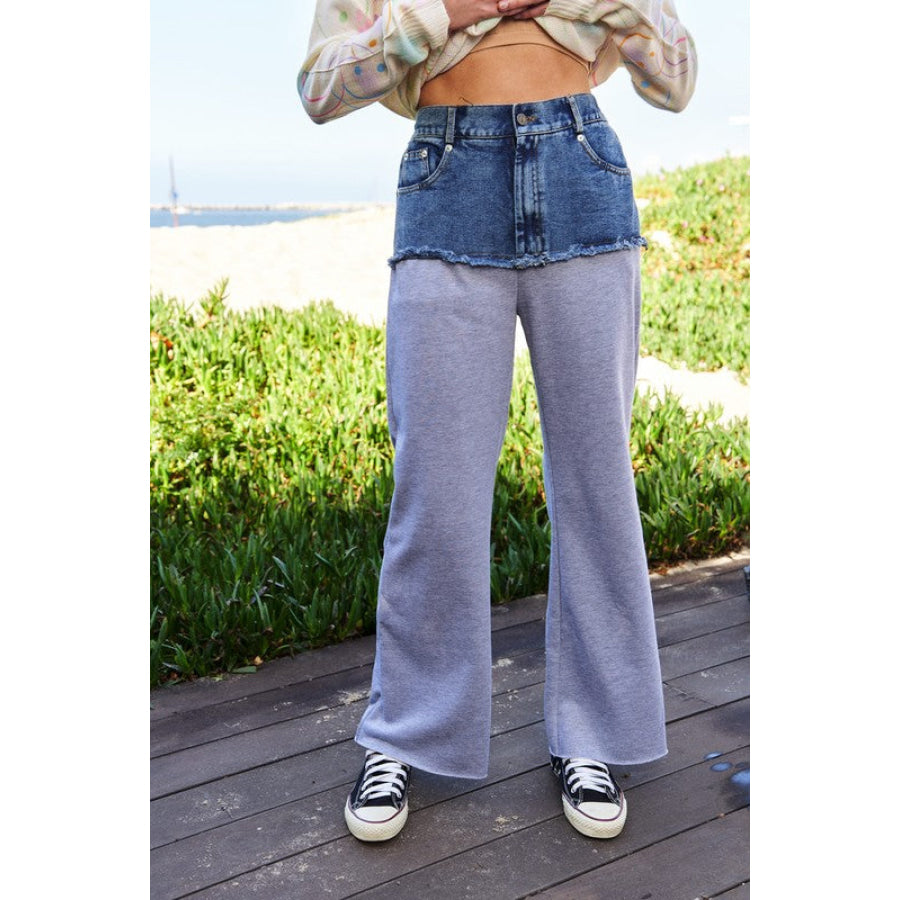 Davi & Dani Raw Hem Denim Patchwork Wide Leg Pants Apparel and Accessories