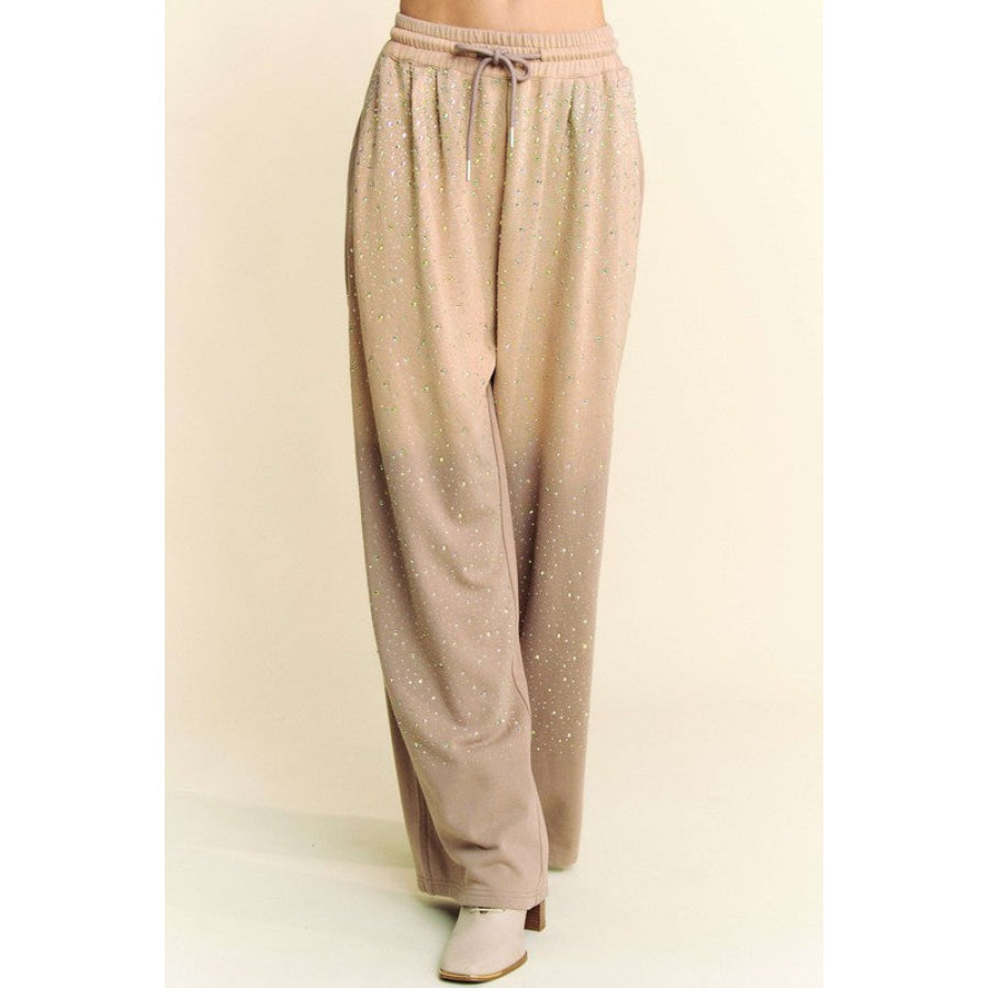 Davi & Dani Rhinestone Drawstring Wide Leg Pants Apparel and Accessories