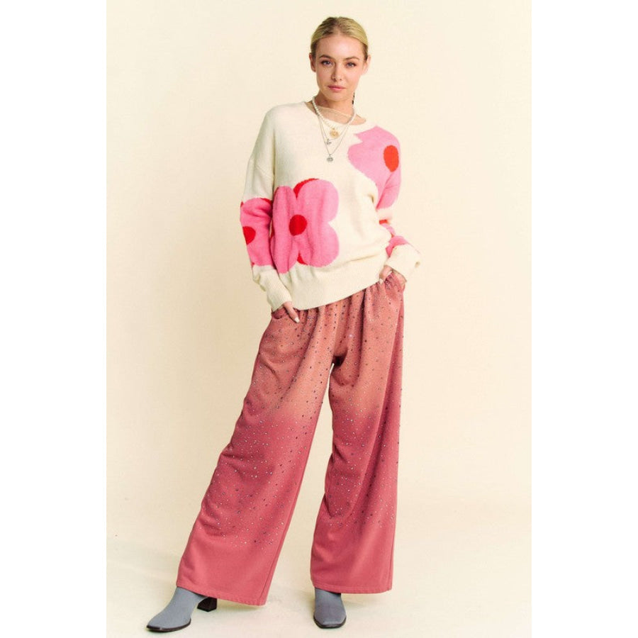 Davi & Dani Rhinestone Drawstring Wide Leg Pants Apparel and Accessories