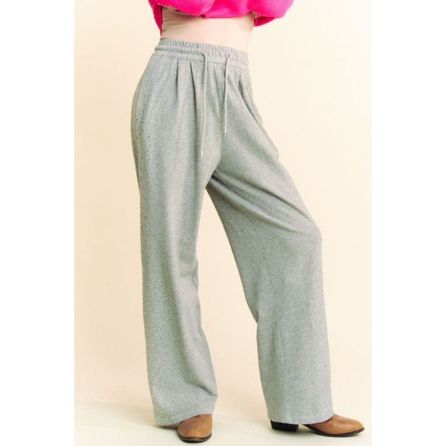 Davi & Dani Rhinestone Elastic Waist Wide Leg Pants Apparel and Accessories