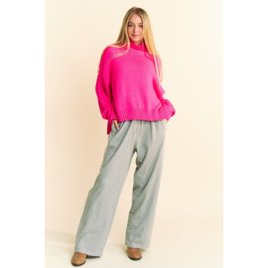 Davi & Dani Rhinestone Elastic Waist Wide Leg Pants Apparel and Accessories