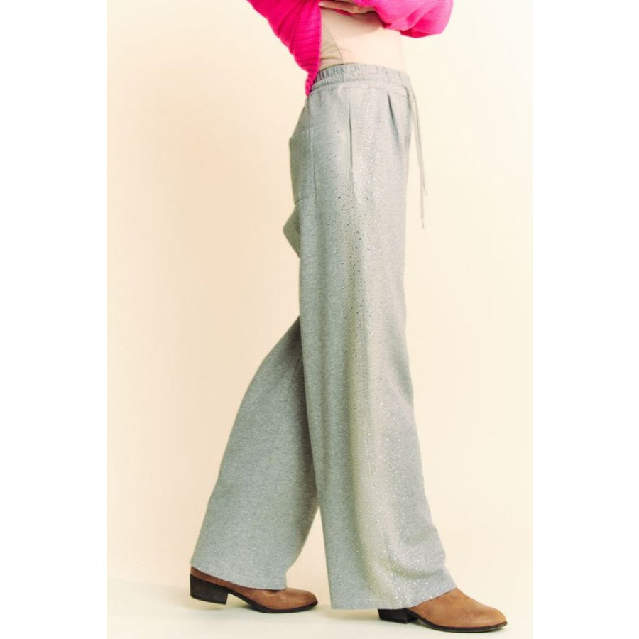 Davi & Dani Rhinestone Elastic Waist Wide Leg Pants Apparel and Accessories