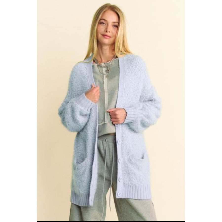 Davi & Dani Ribbed Hem Button Up Long Sleeve Cardigan Apparel and Accessories