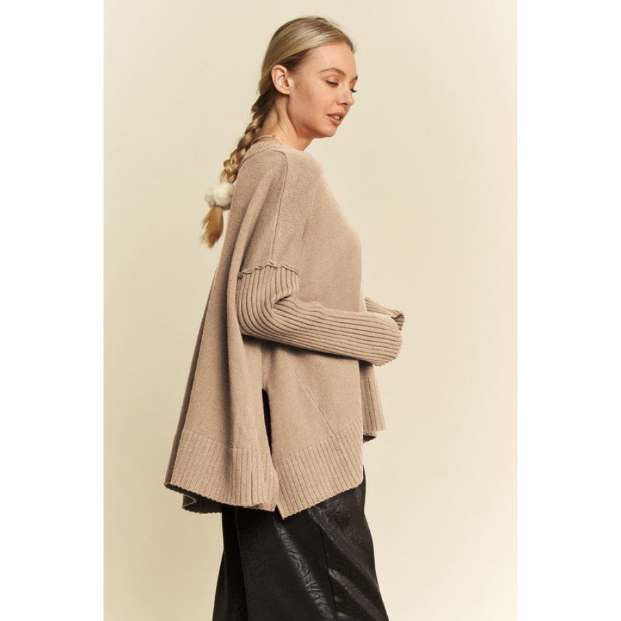 Davi & Dani Ribbed Side Slit V-Neck Sweater Apparel and Accessories