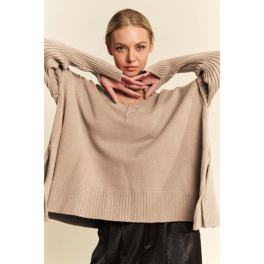 Davi & Dani Ribbed Side Slit V-Neck Sweater Apparel and Accessories