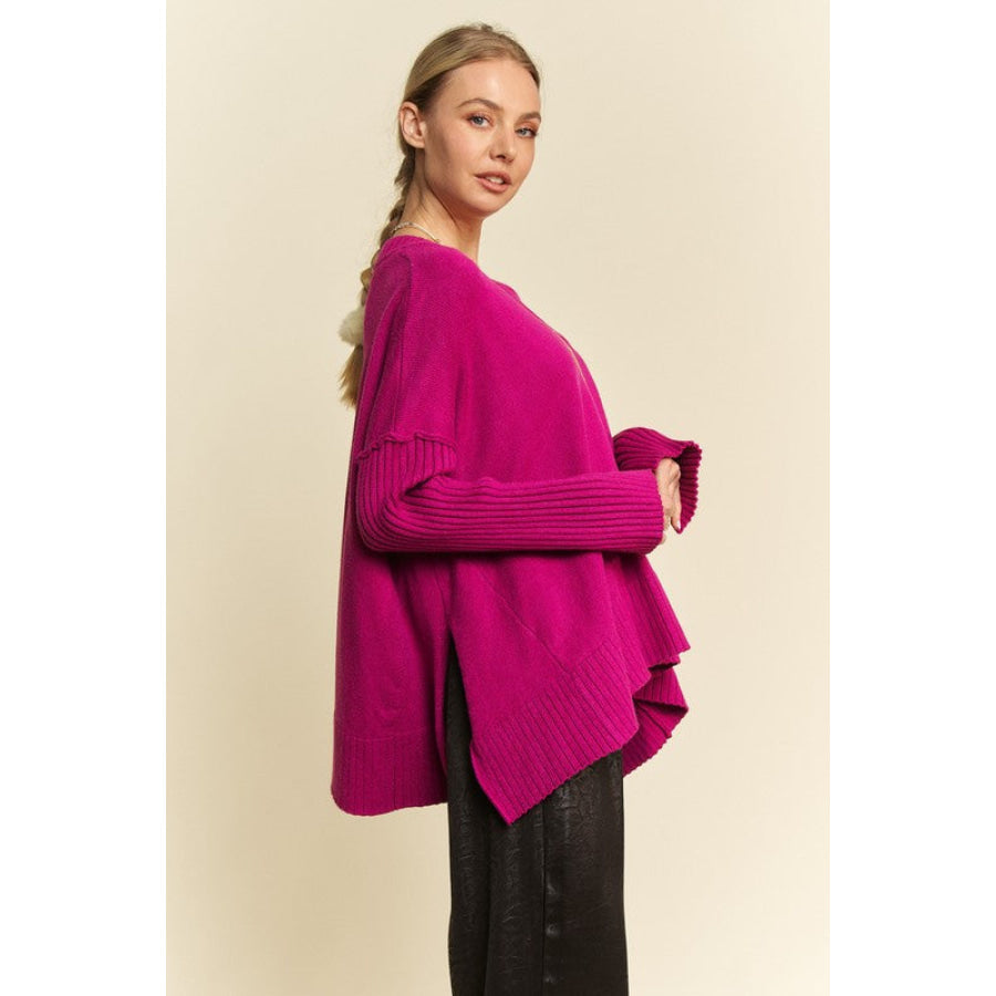 Davi & Dani Ribbed Side Slit V-Neck Sweater Apparel and Accessories