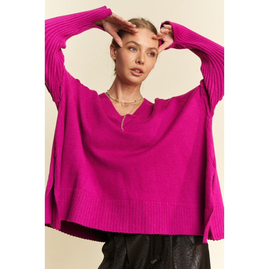 Davi & Dani Ribbed Side Slit V-Neck Sweater Apparel and Accessories