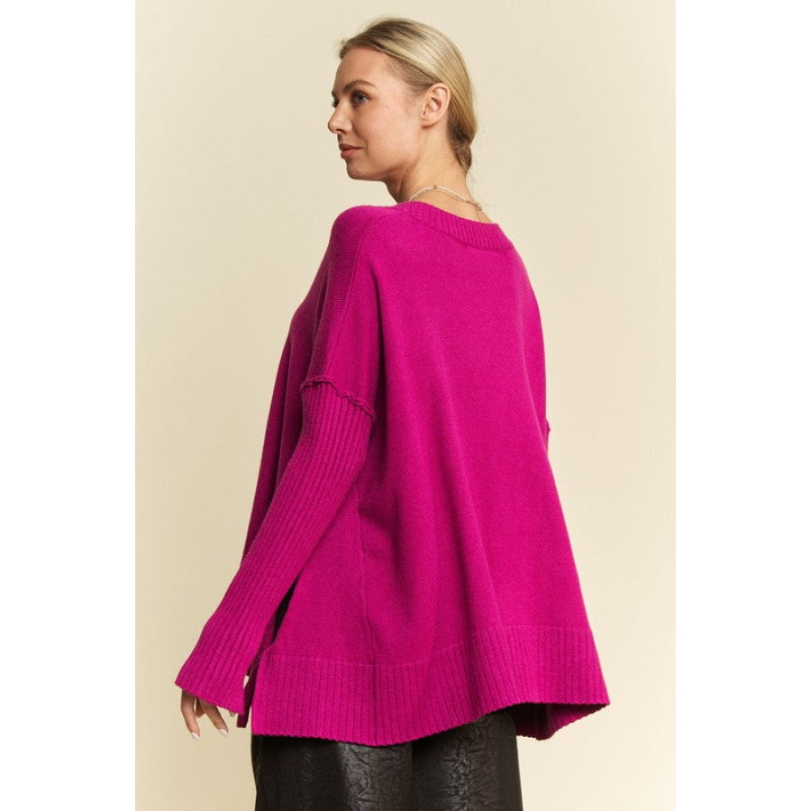 Davi & Dani Ribbed Side Slit V-Neck Sweater Apparel and Accessories