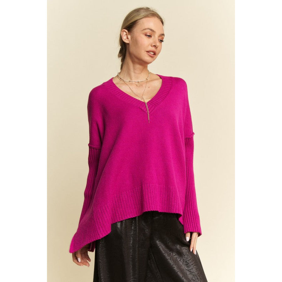 Davi & Dani Ribbed Side Slit V-Neck Sweater Cerise / S Apparel and Accessories