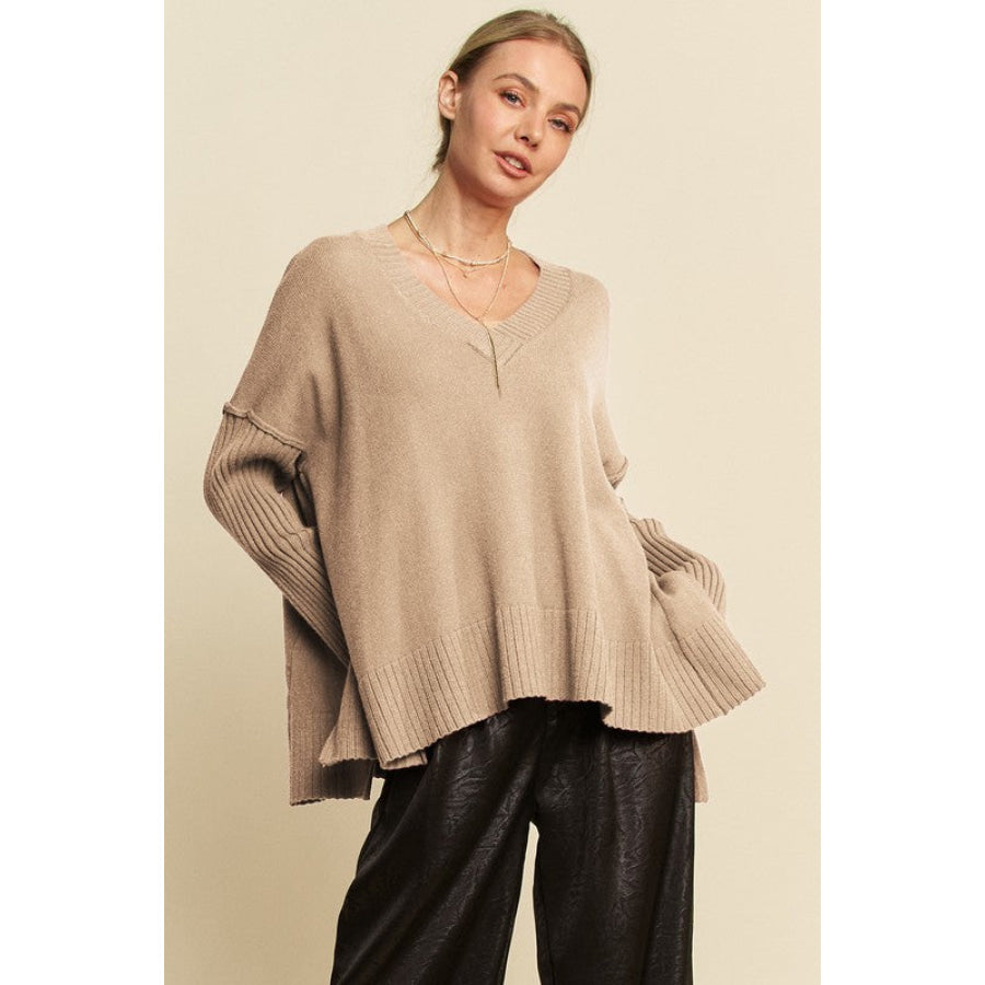 Davi & Dani Ribbed Side Slit V-Neck Sweater Tan / S Apparel and Accessories