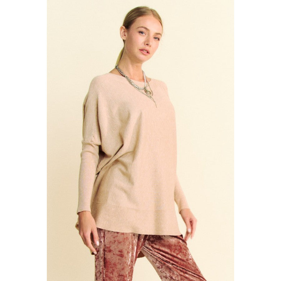 Davi & Dani Round Neck Dropped Shoulder Long Sleeve Knit Top Apparel and Accessories