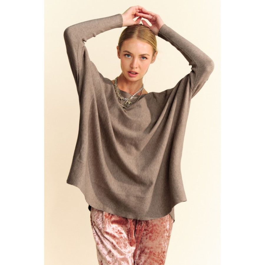 Davi & Dani Round Neck Dropped Shoulder Long Sleeve Knit Top Apparel and Accessories