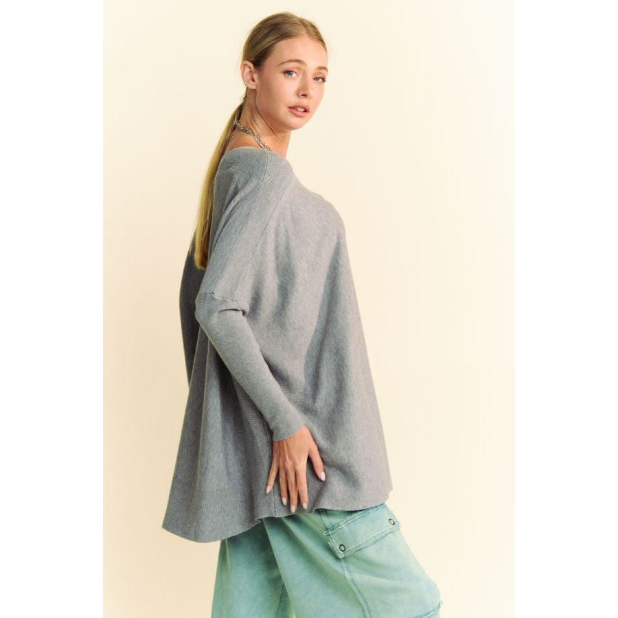 Davi & Dani Round Neck Dropped Shoulder Long Sleeve Knit Top Apparel and Accessories
